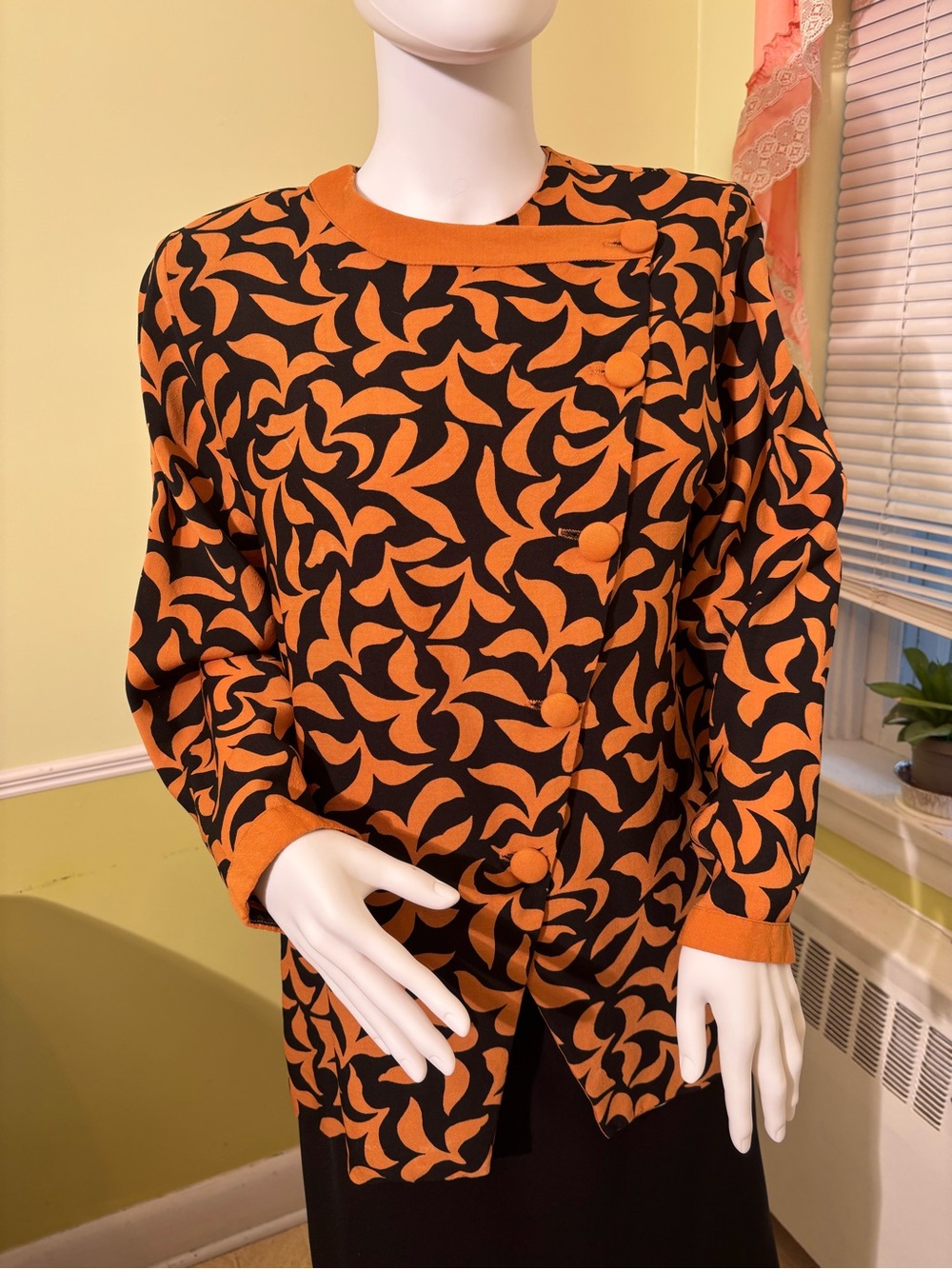 Vintage Lucien Daunois Orange Black Abstract Print Top Jacket